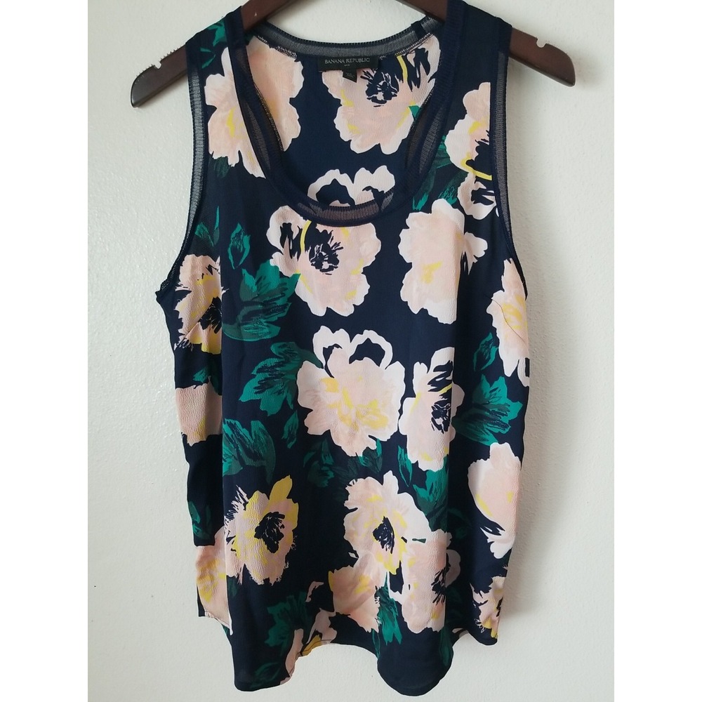 BANANA REPUBLIC Women's Floral Print Sheer Trim Sleeveless Scoop Neck Top M YJ01